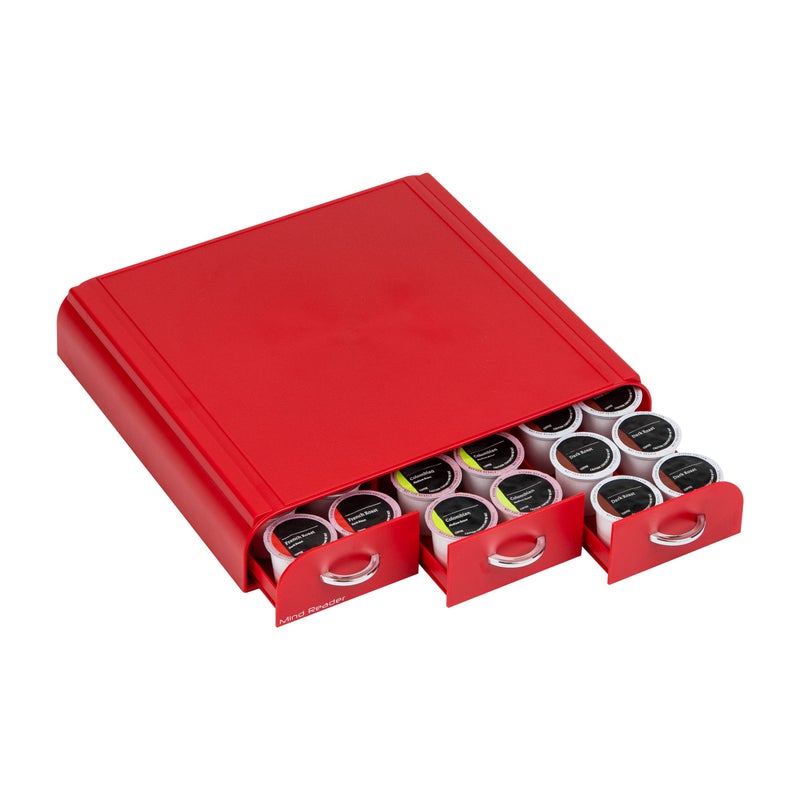 Mind Reader Single Serve Coffee Pod Organizer with 3 Drawers, 36 Pod Capacity, Countertop, 13.5"L x 12.25"W x 2.5"H, Red - Image 1